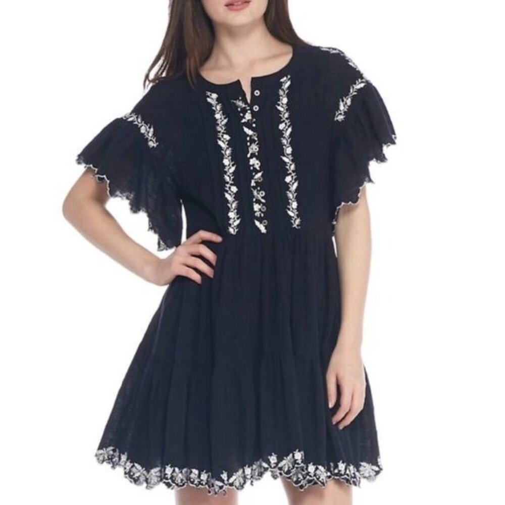 Free People Black Santiago Embroidered Short Sleeve Boho Mini Dress Size S - Picture 1 of 8